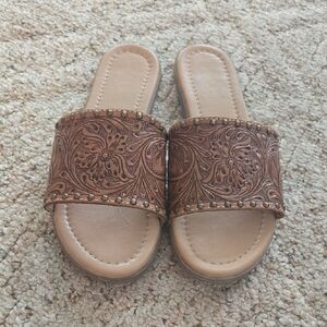 Myra Bag Tan Floral Embossed Sandals